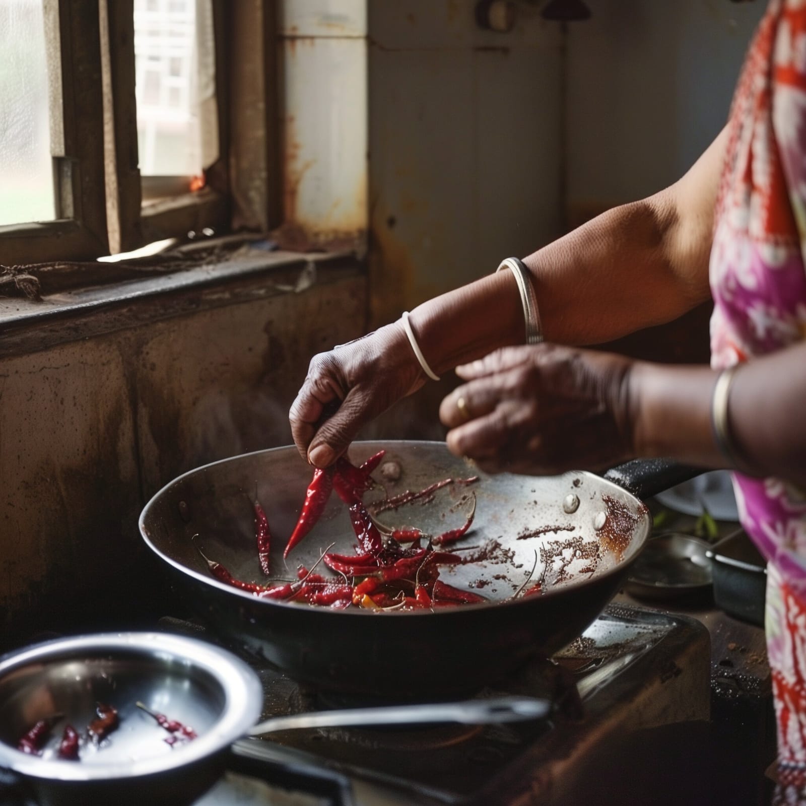 Red chillies being used in traditional Indian cooking showing authentic flavour and colour