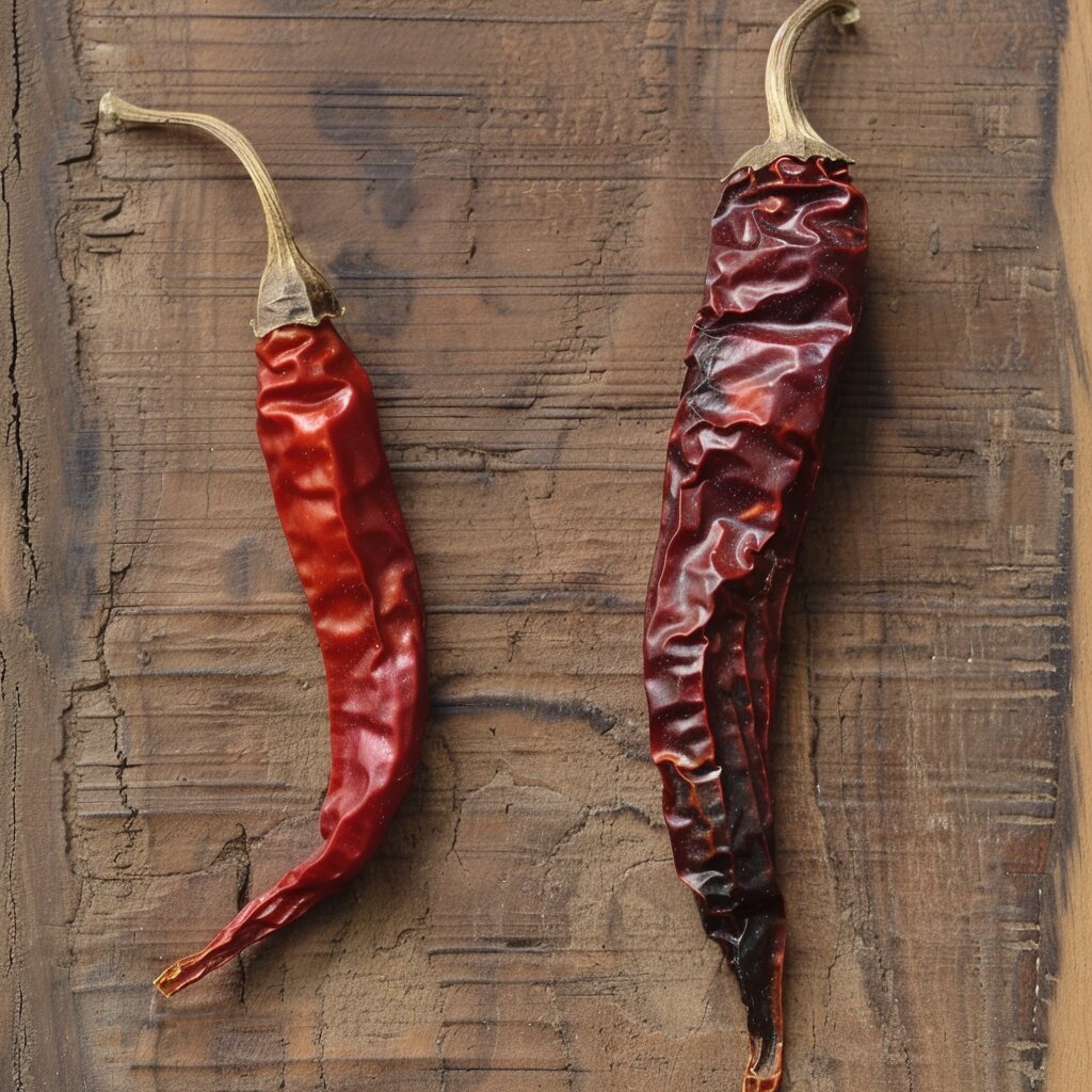 Quality comparison of good vs poor dried red chillies showing difference in colour and condition