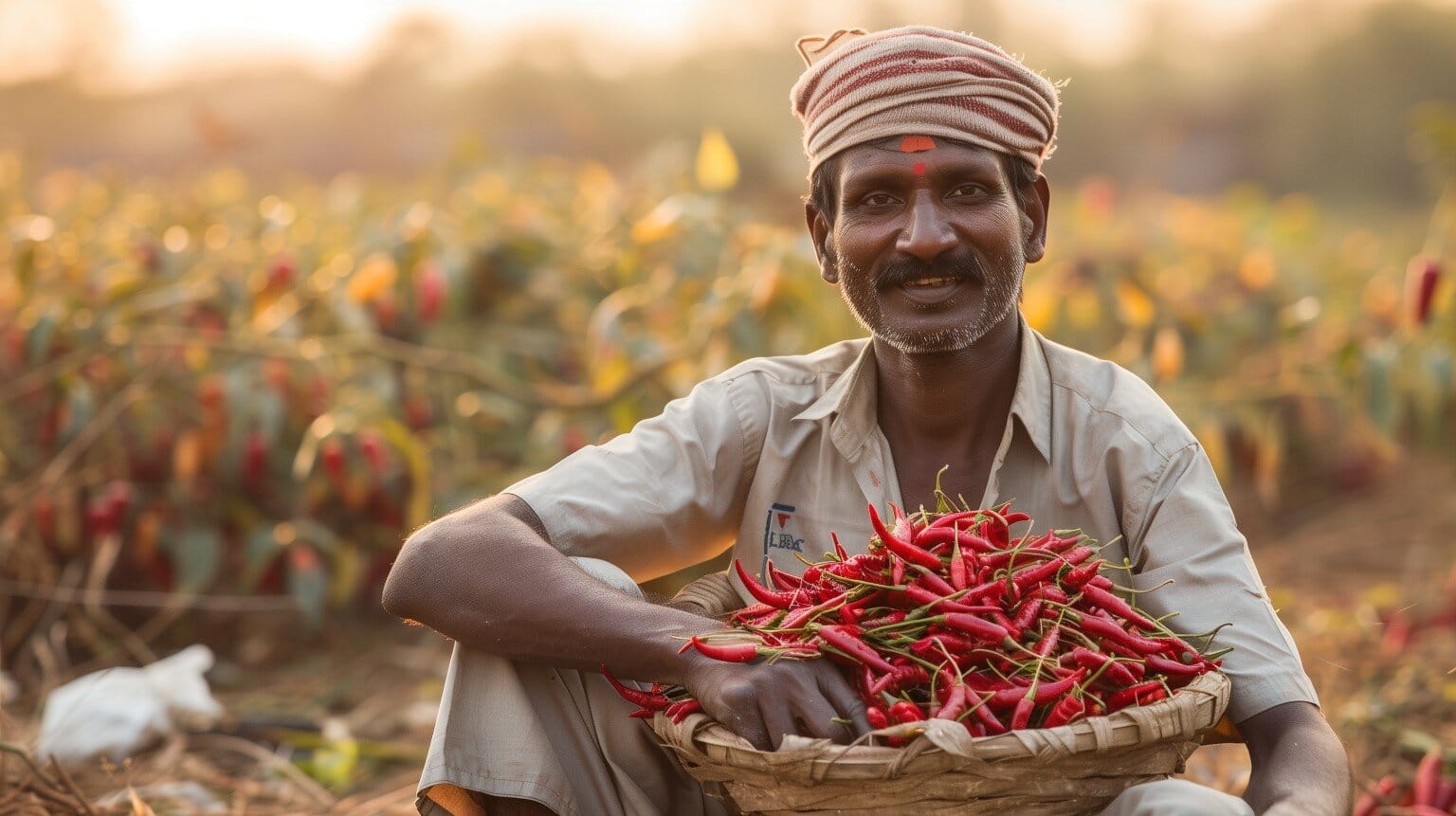 Indian chilli farmer holding freshly harvested Guntur red chillies in Andhra Pradesh