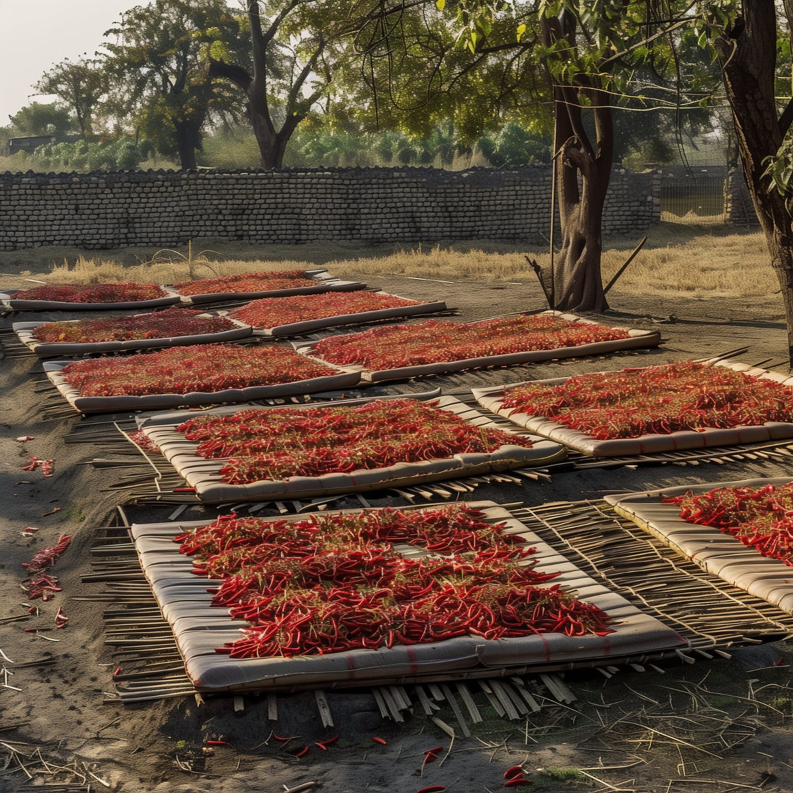 Traditional sun-drying process for red chillies on open drying yards in Andhra Pradesh